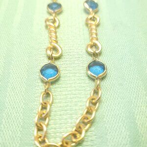 1970s Gold Tone Station Necklace Blue Glass Cabochon Twisted Bar Link 36" Long